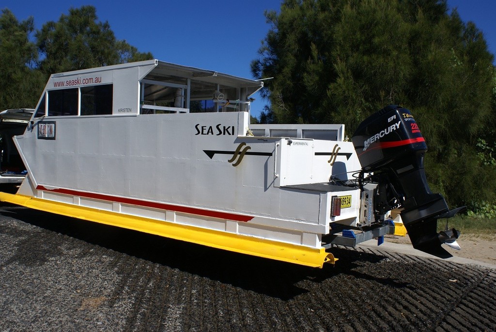 The Sea Ski on the trailer designed specifically for its unusual bottom by Trevor Payne himself. - Sea Ski © Bob Wonders